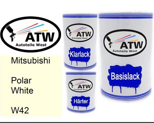 Mitsubishi, Polar White, W42: 500ml Lackdose + 500ml Klarlack + 250ml Härter - Set, von ATW Autoteile West.